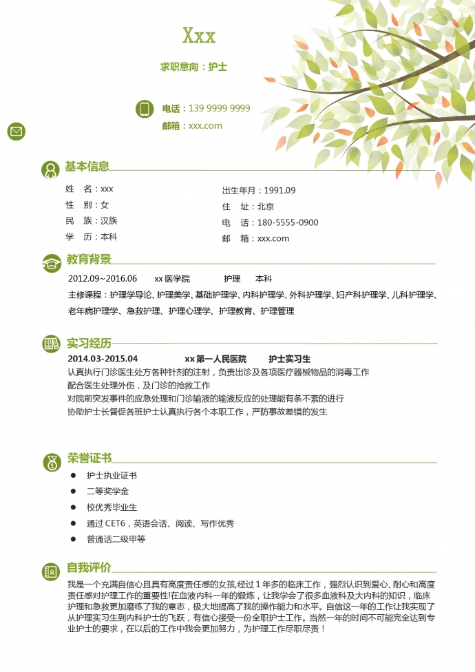 森林绿树叶封面护士护理简历模板-1