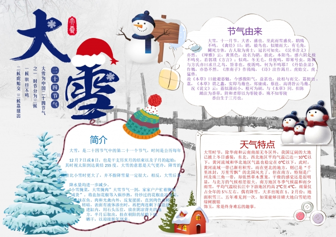 大雪节气精美白色温馨主题手抄报