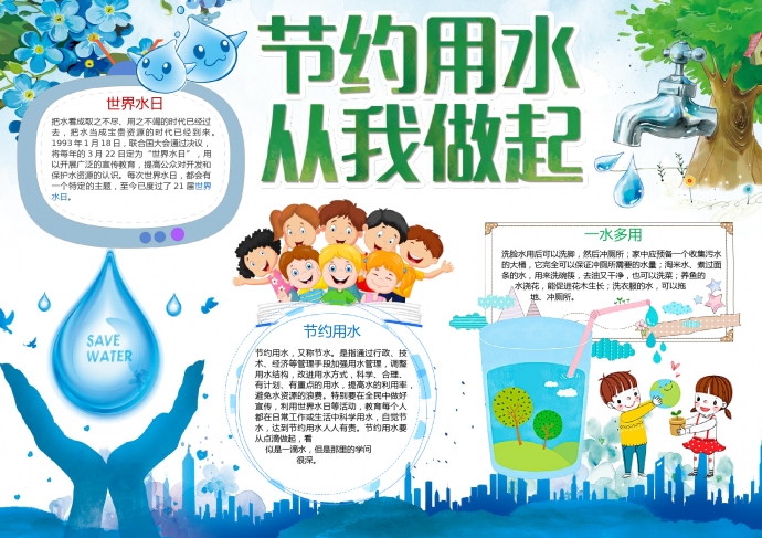 小清新蓝色节约用水从我做起手抄报