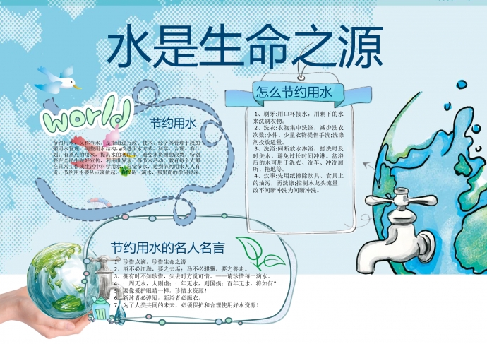 蓝色卡通地球水是生命之源手抄报