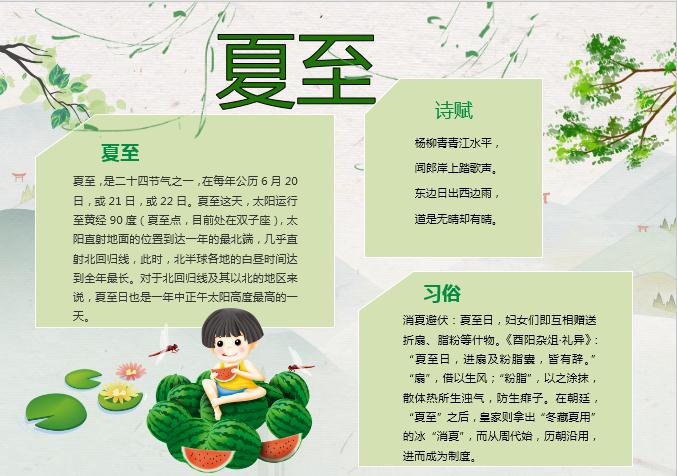 西瓜简约夏至手抄报Word模板