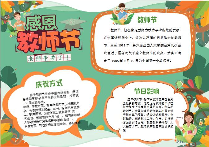 黄绿感恩教师节手抄报Word模板