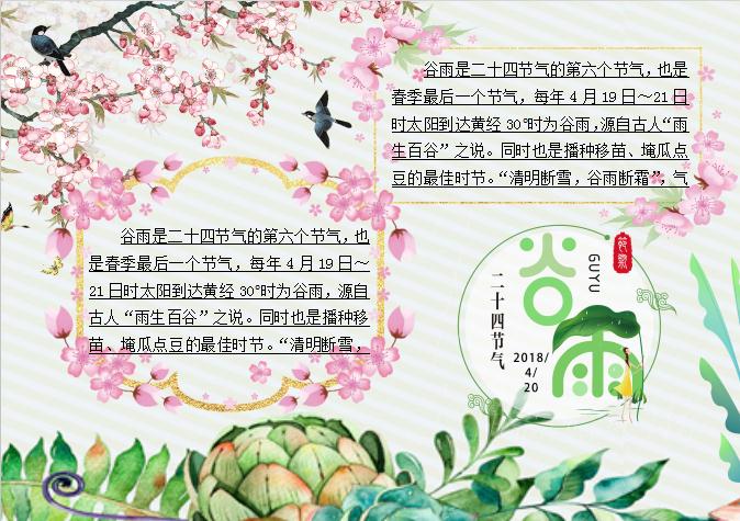 粉色花卉谷雨节气小报Word模板