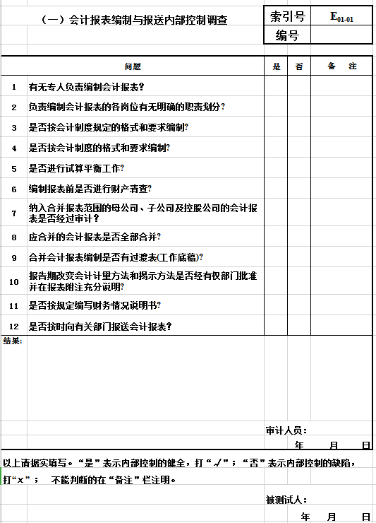 会计报表编制与内部控制调查表Excel模板