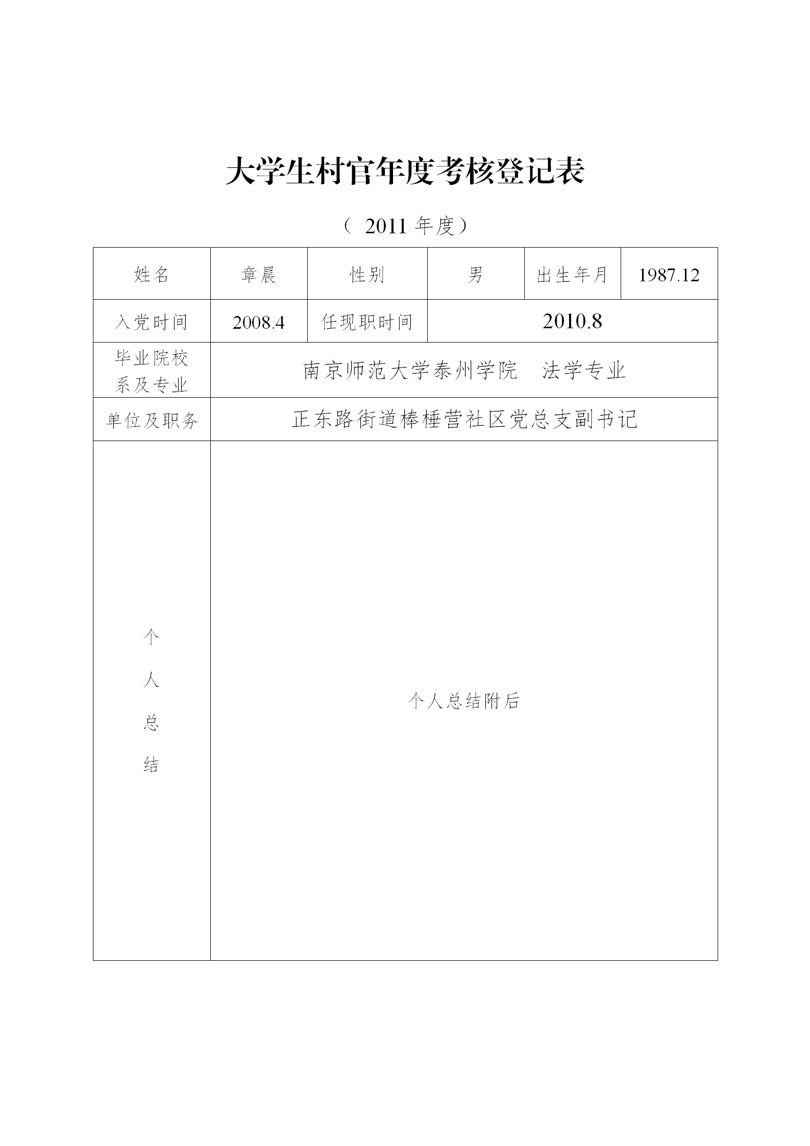 大学生村官年度考核登记表汇编word模板