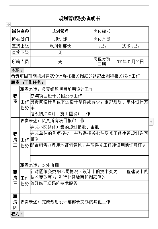 规划部规划管理职务说明书word模板