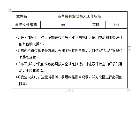 布草房和货仓防火工作标准word模板