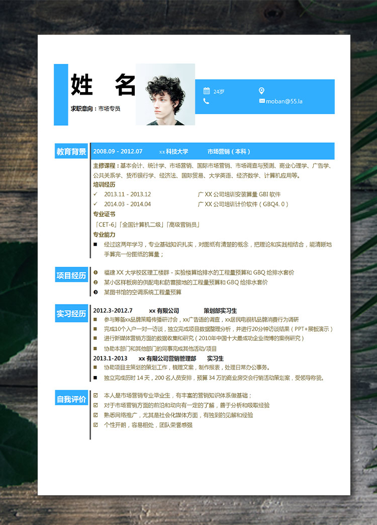蔚蓝色创意风市场专员应届生简历