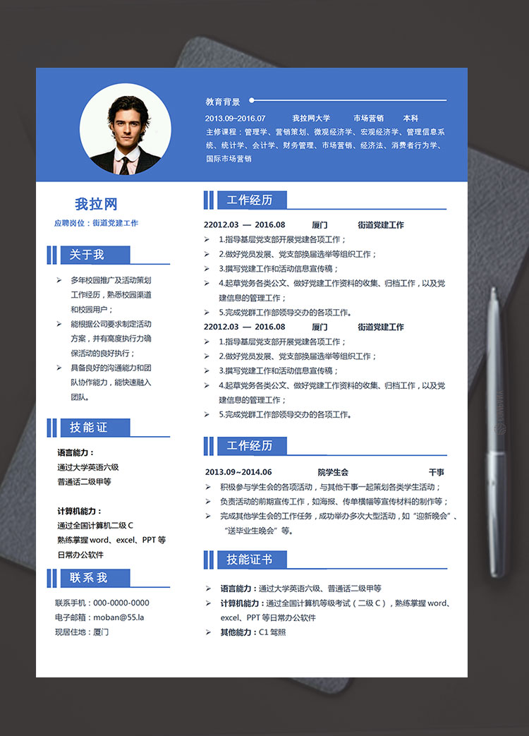 蔚蓝色简洁风街道党建工作简历模板