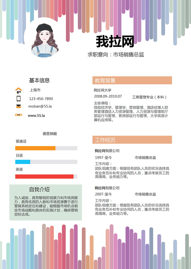 彩虹风格市场销售总监求职简历word简历模板-1