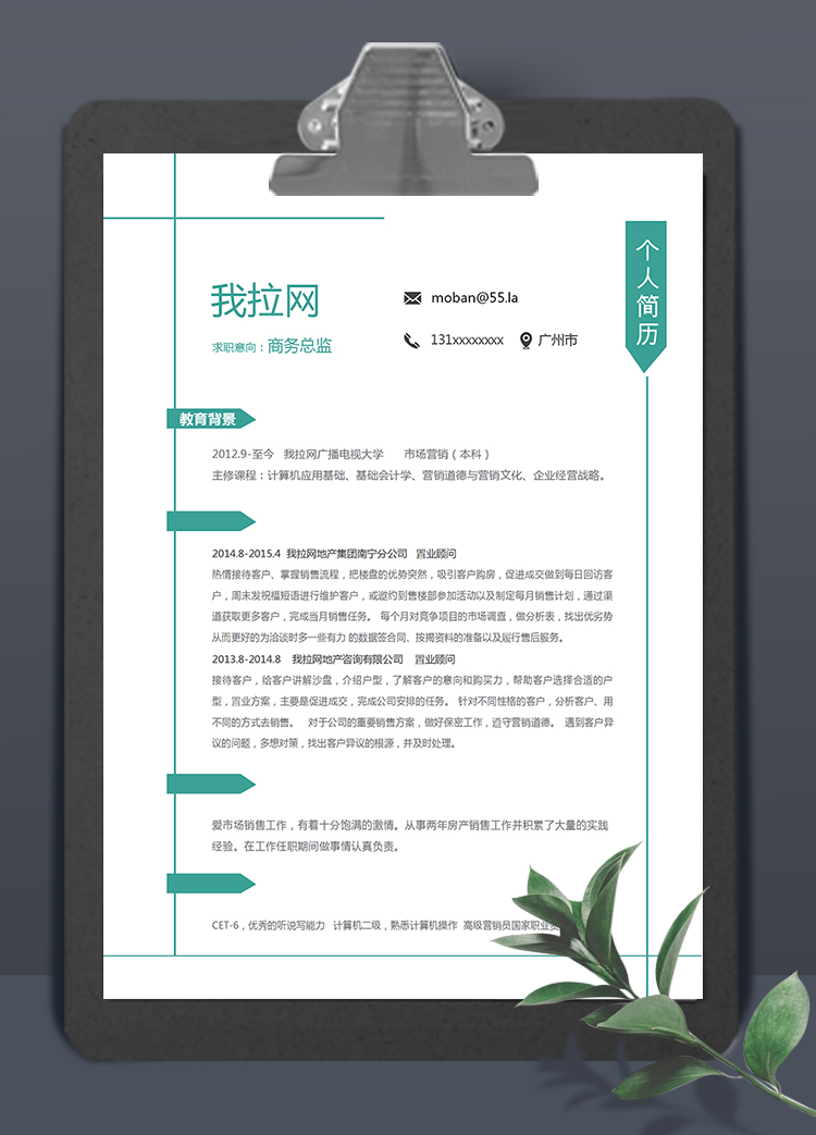 绿线条简洁大方风格商务总监简历模板