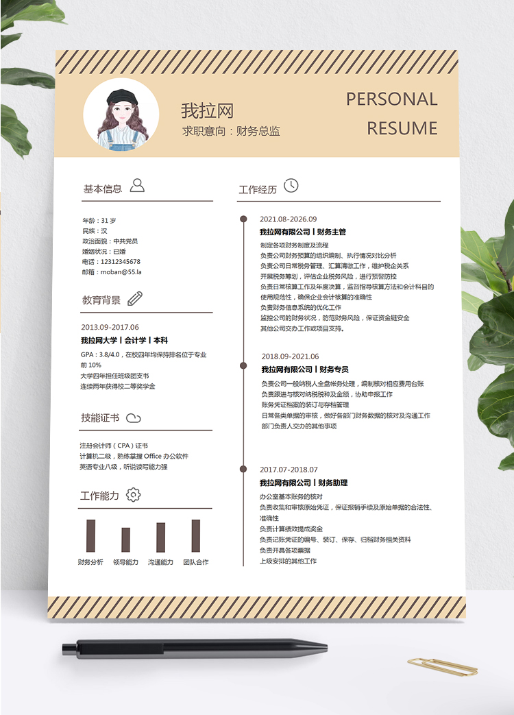 创意个性风格财务总监个人求职简历模板