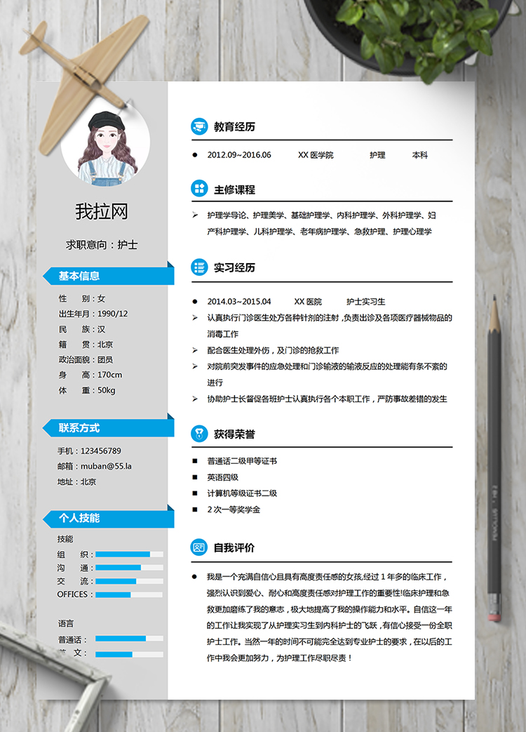 灰蓝色优雅护士医护人员简历