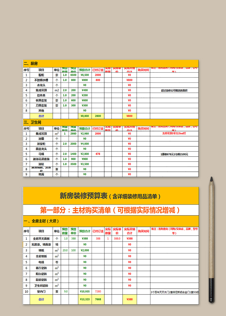 装修用品明细清单预算表